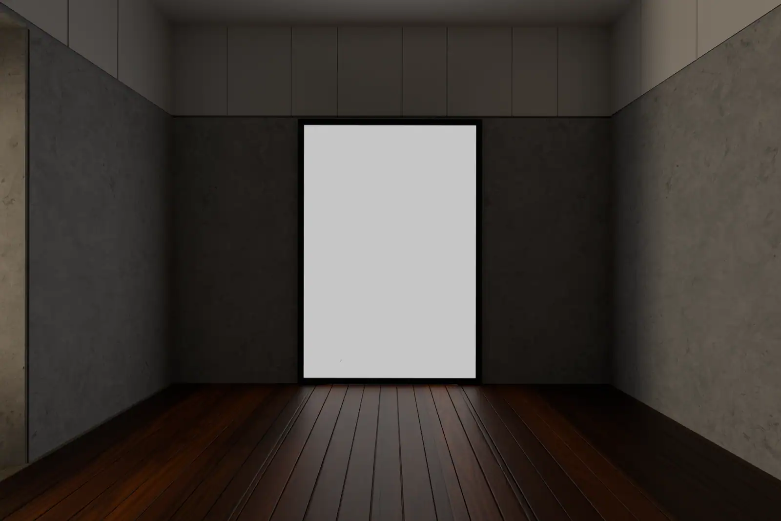 Intérieur minimaliste modélisé en 3D, pièce vide au sol en bois et grand panneau blanc