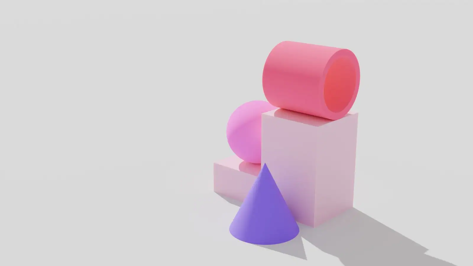 Rendu 3D coloré de formes géométriques (cylindre, sphère, cube, cône) sur fond clair