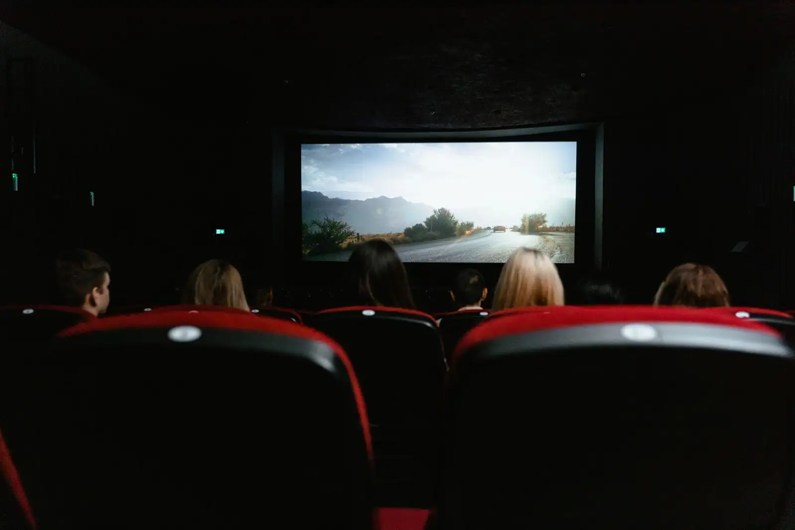 Spectateurs de dos dans une salle de cinéma sombre, face au grand écran allumé pendant la projection