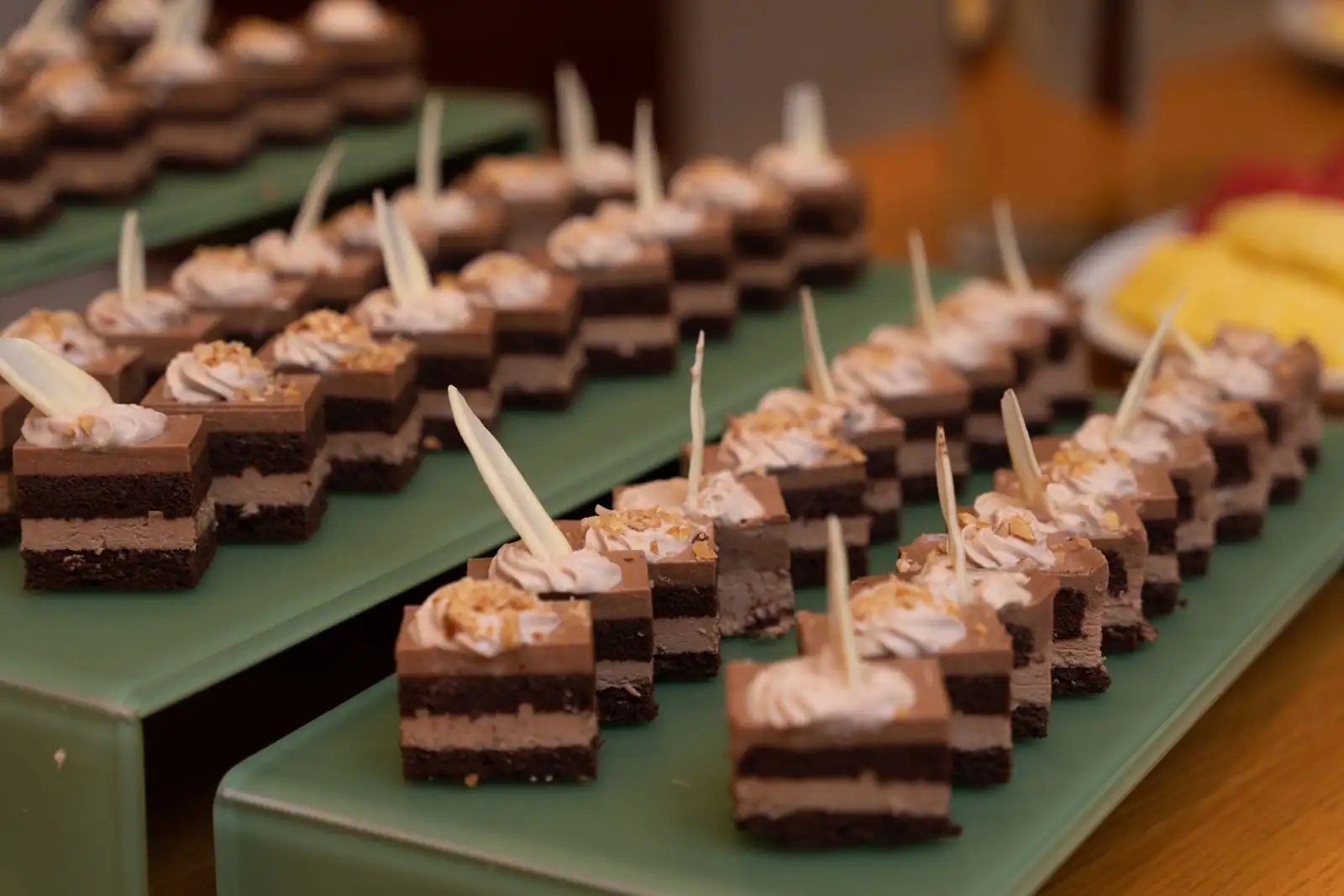 Assortiment de petits gâteaux au chocolat en bouchées, entremets à couches mousse et biscuit
