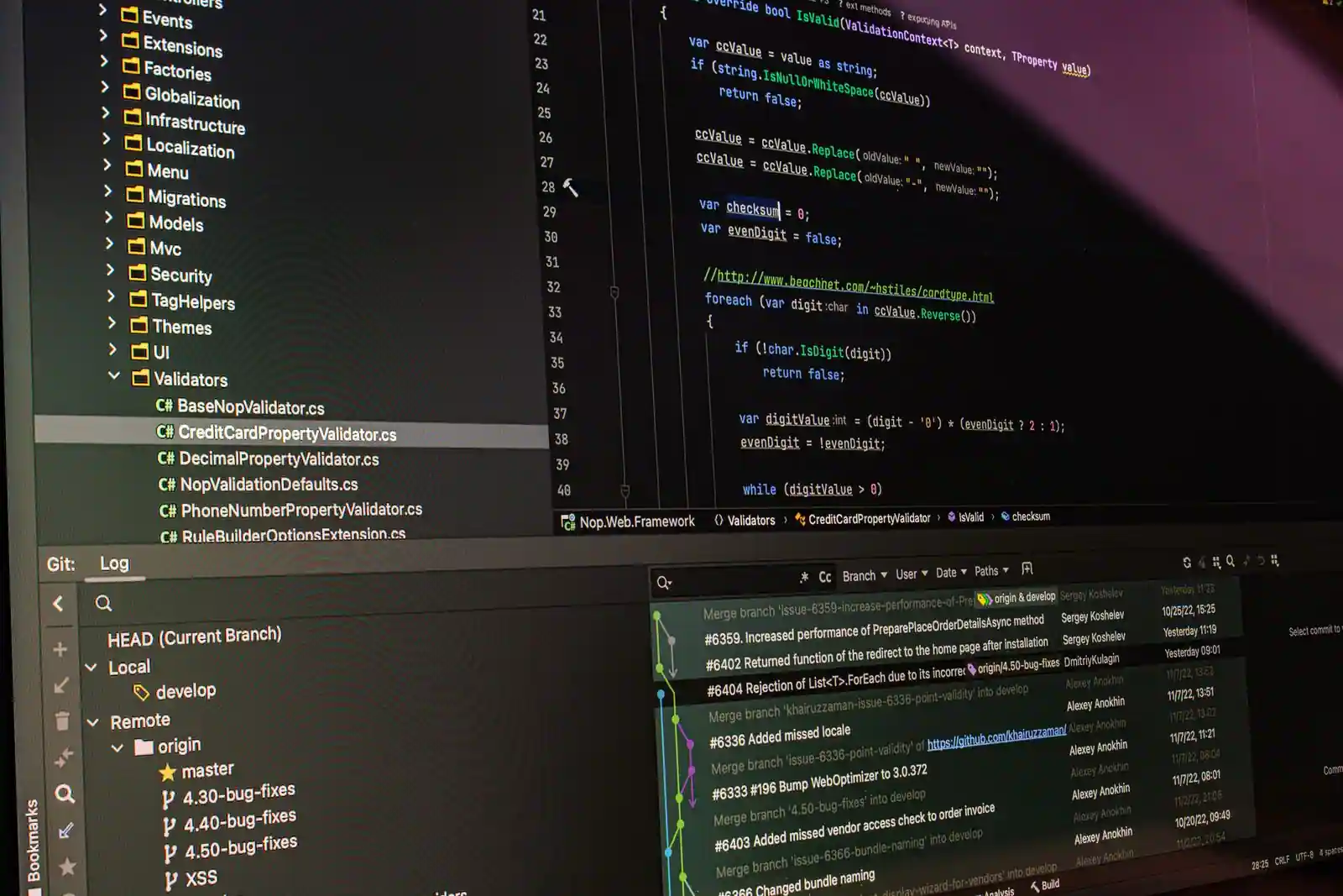 Écran d'éditeur de code affichant des fichiers source et l'historique des branches d'un dépôt Git