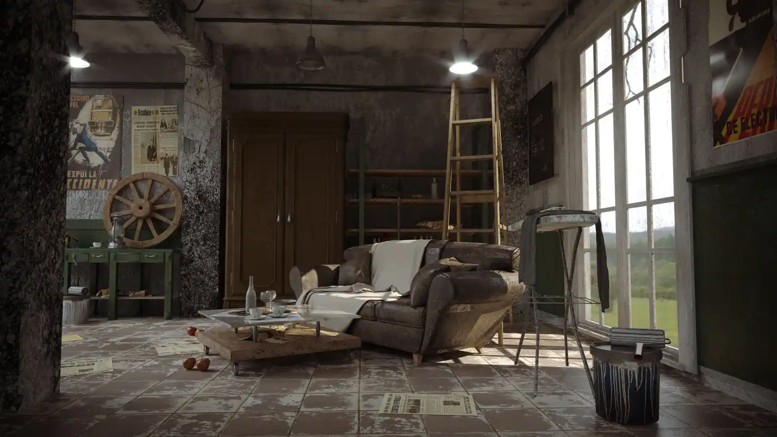Scène d'intérieur rustique modélisée en 3D, meublée de nombreux objets et éclairée par une baie