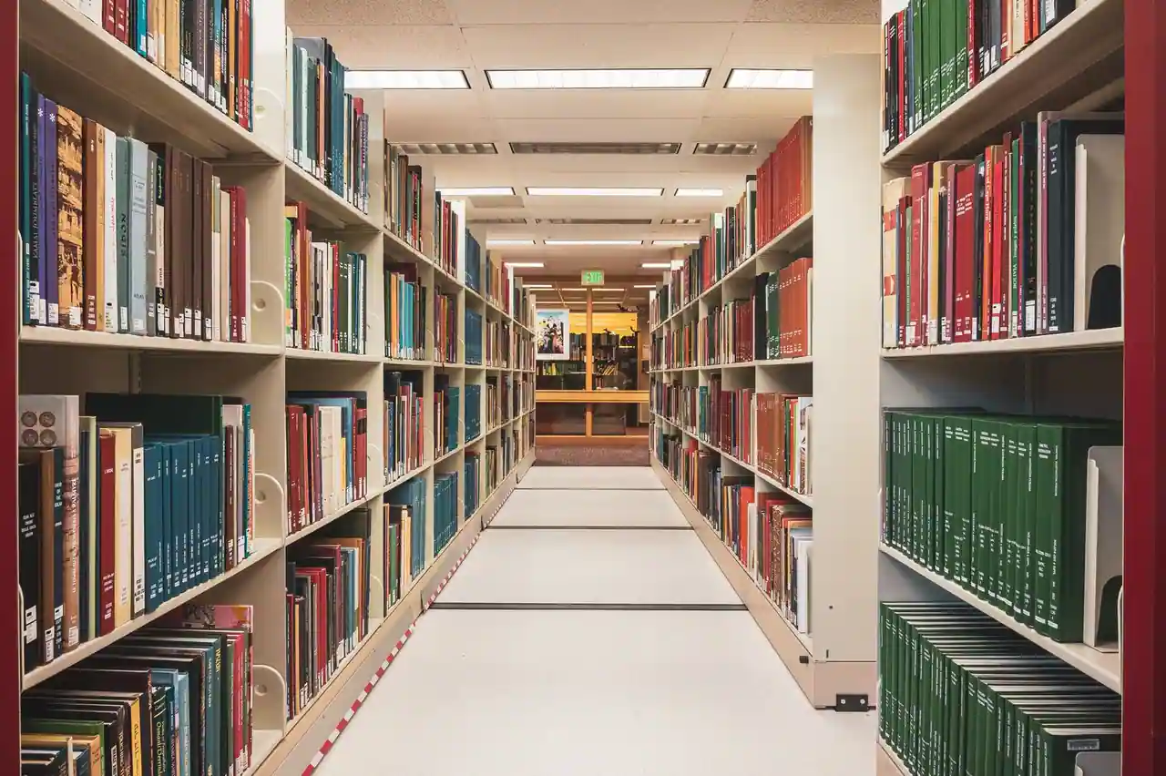 Allée d'une bibliothèque universitaire bordée de hauts rayonnages garnis de volumes reliés et de revues